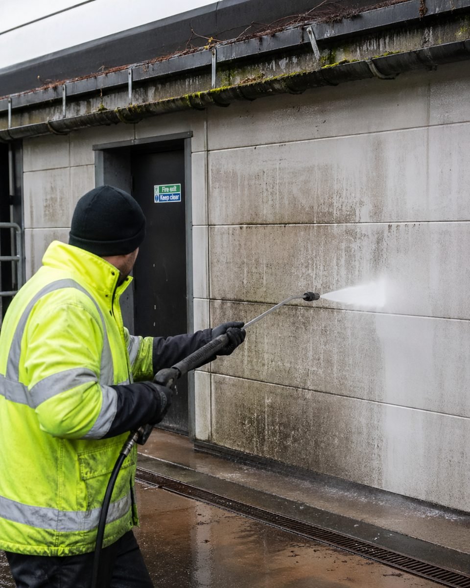 Impact operative pressure washing a wall