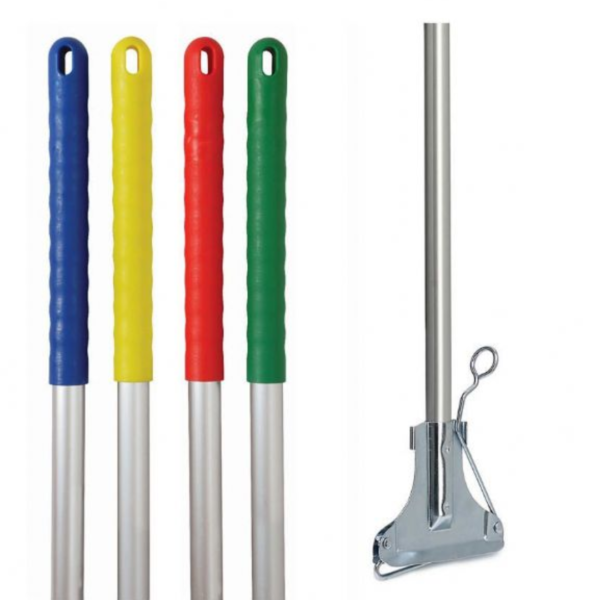 Colour-coded steel Kentucky mop pole with metal clip