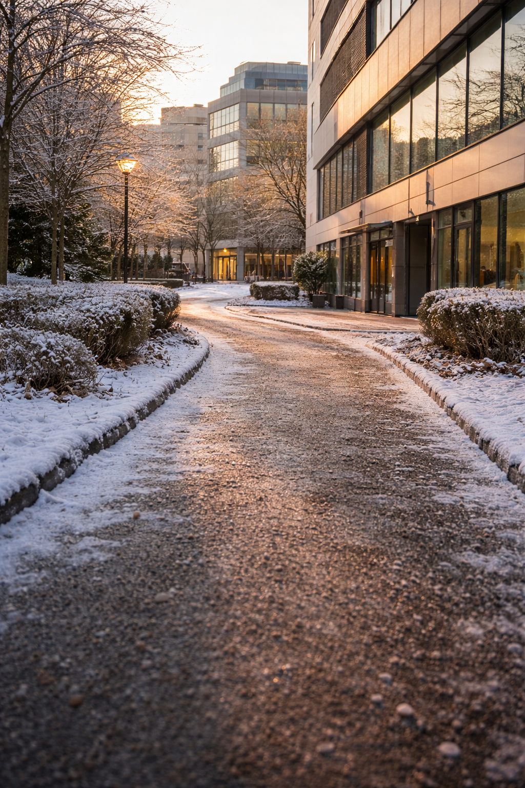 A sloped pedestrian route treated during winter weather